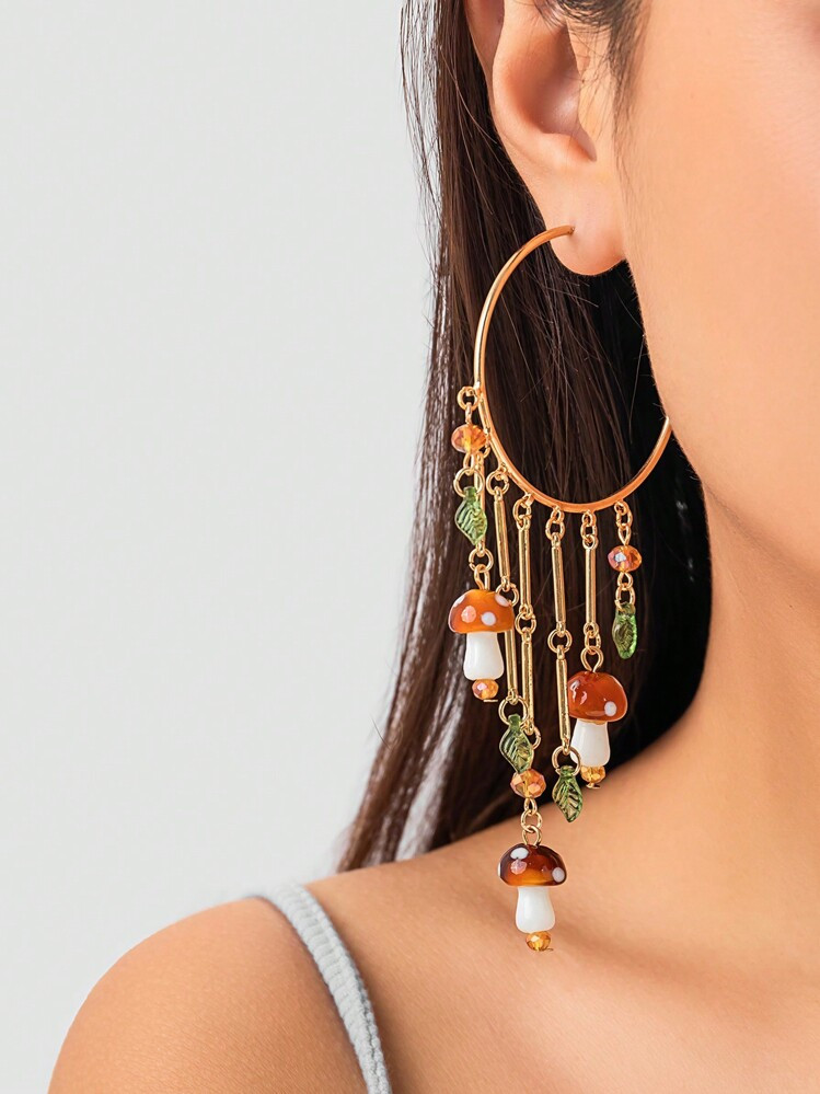 ROMWE Fairycore 1pair Fashion Copper Alloy Mushroom & Leaf Decor Drop Earrings For Women For Dail... | SHEIN