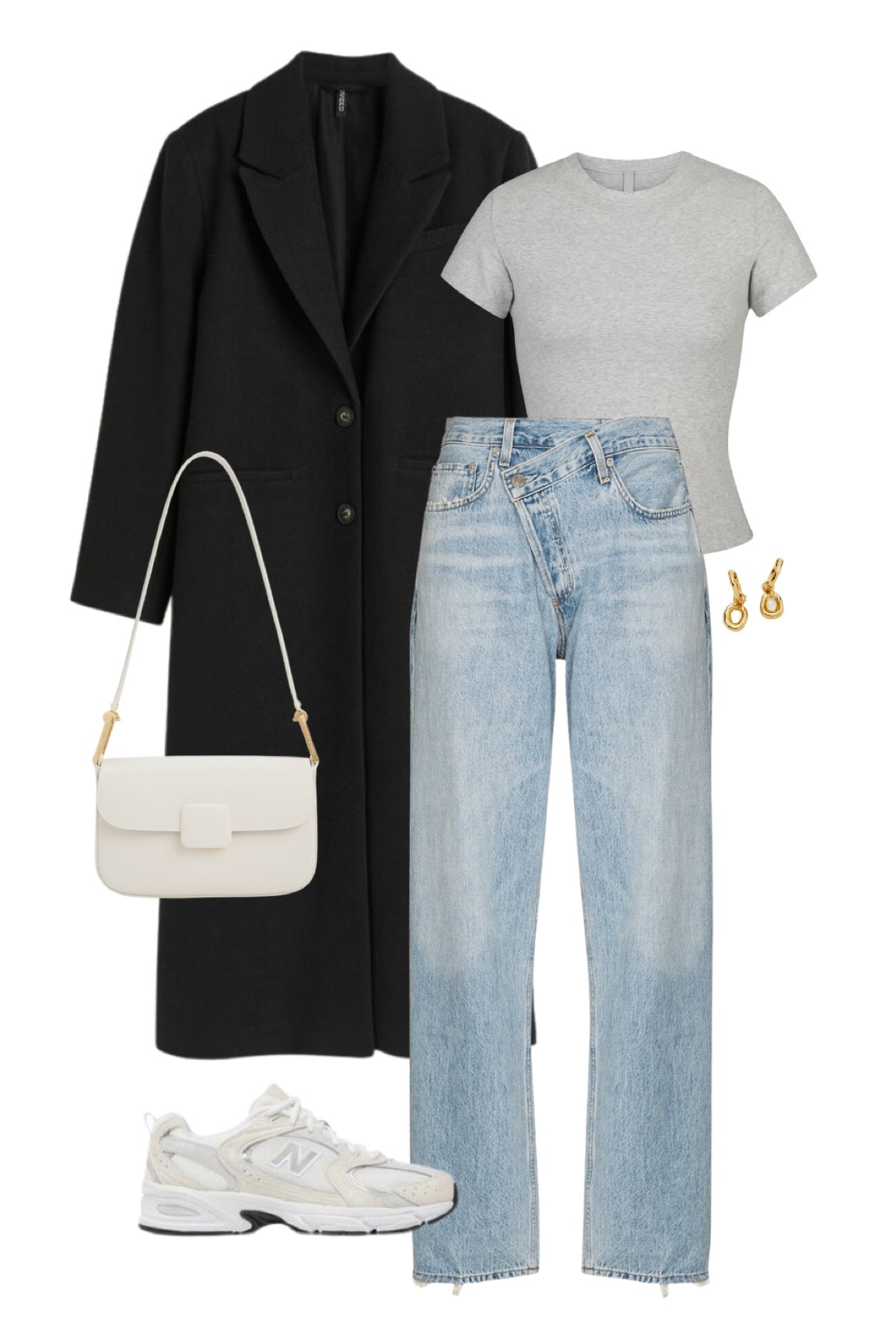 Neutral fall ootd inspo: a black coat, grey skims tee, criss cross hem jeans, a white shoulder bag, gold Missoma earrings and new balance 530 sneakers

#LTKshoecrush #LTKitbag #LTKstyletip