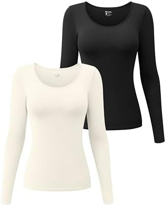 OQQ Womens 2 Piece Long Sleeve Tops Round Neck Stretch Fitted Underscrubs Layer Tee Shirts Tops | Amazon (US)