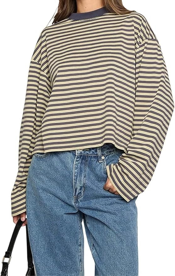 Y2k Womens Striped Cropped Shirt Drop Shoulder Long Sleeve Crewneck Sweatshirt Fairy Grunge Sweat... | Amazon (US)