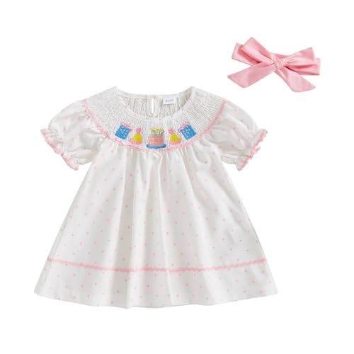 Toddler Baby Girl Birthday Outfit Cake Embroidery Smocked Dress Short Sleeve Princess Party Dresses Summer Clothes (White, 3-4 Years) | Amazon (US)