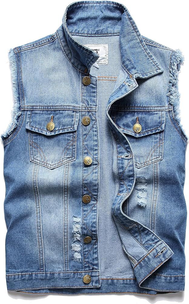 Men's Denim Vest,Sleeveless Jacket Slim Fit Vintage Casual Ripped Summer Jean Vest for Men | Amazon (US)