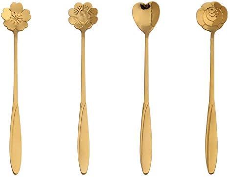 4 Pieces Stainless Steel Flower Coffee Spoon, Tea Spoon，Gold Dessert Stirring Spoon Set, Coffee... | Amazon (US)