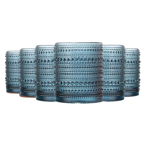 Blue Hobnail Drinking Glasses | Set of 6 | 11 OZ Bubble Design Vintage Glassware, Beverage Glasses Bubble Water, Wine, Old Fashioned Cocktail, Whiskey Rocks Glass Cup, Elegant Glassware Gifts For Home | Amazon (US)