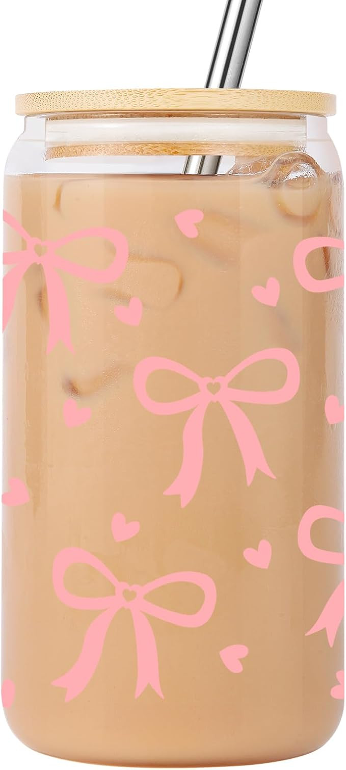 Coquette Aesthetic Glass Cup, Pink Bow, Glass Tumbler with Lid & Straw, 16oz Iced Coffee Cup, Cut... | Amazon (US)