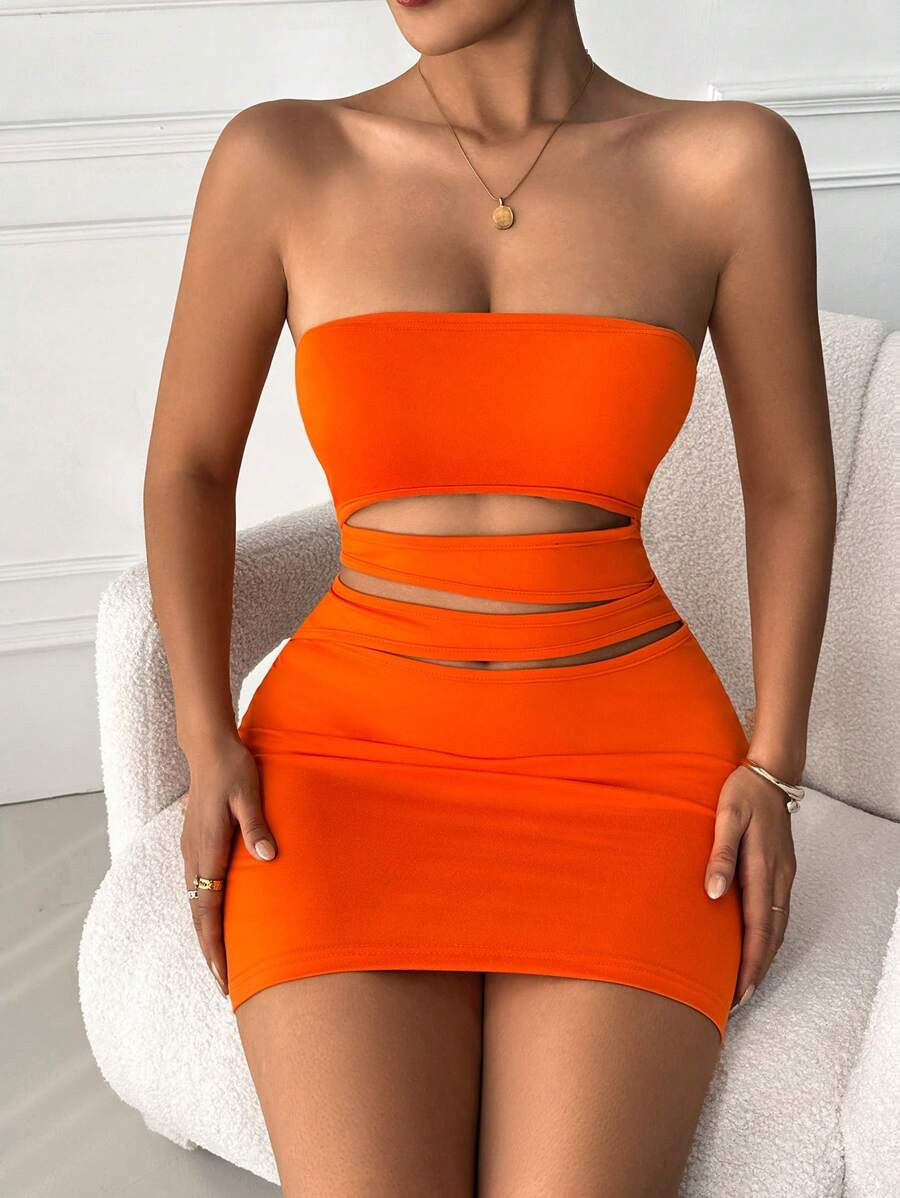SHEIN Raffinéa Strapless Solid Color Hollow Bodycon Orange Dress, Casual Daily Wear, Minimalist ... | SHEIN