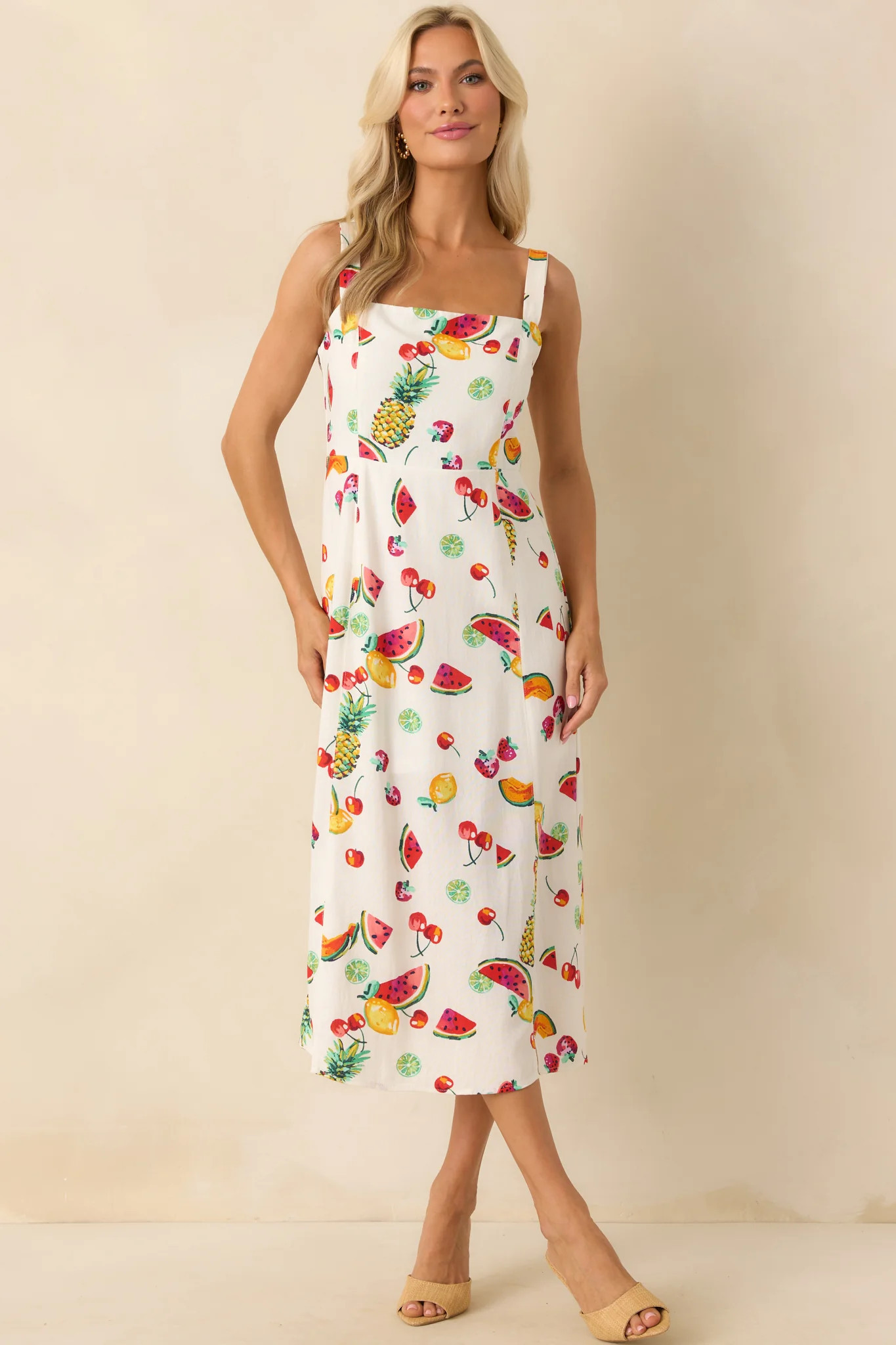 Slowly Making Changes Ivory Multi Fruit Print Maxi Dress | Red Dress
