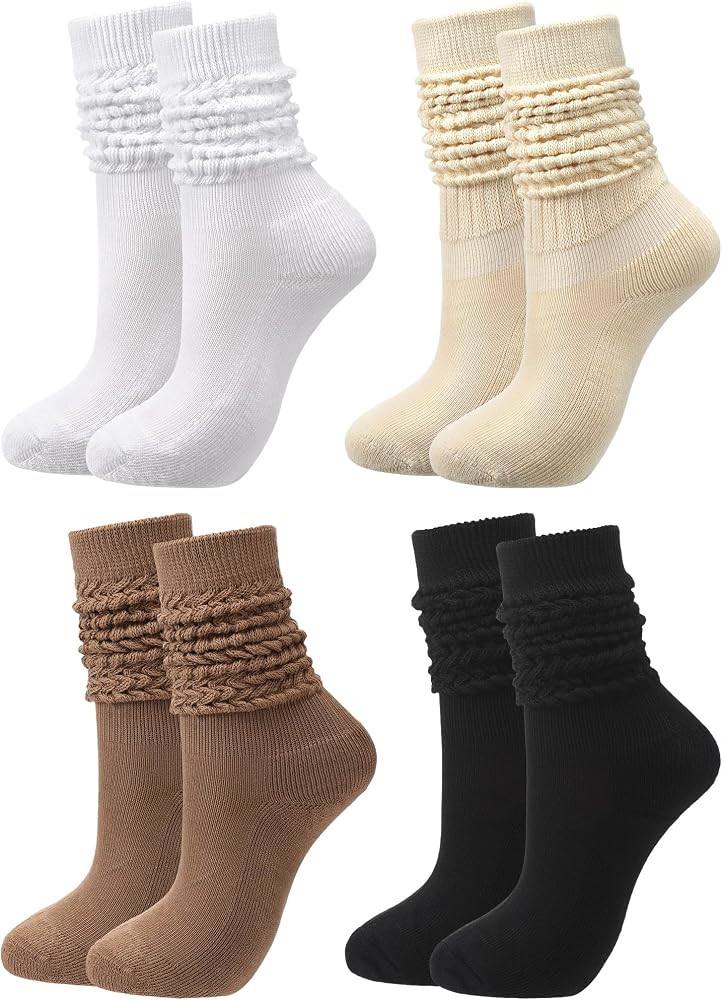 Janmercy 4 Pairs Slouch Socks for Women Bulk Stacked Boot 80s 90s Neon Slouch Knit Scrunchie Sock... | Amazon (US)