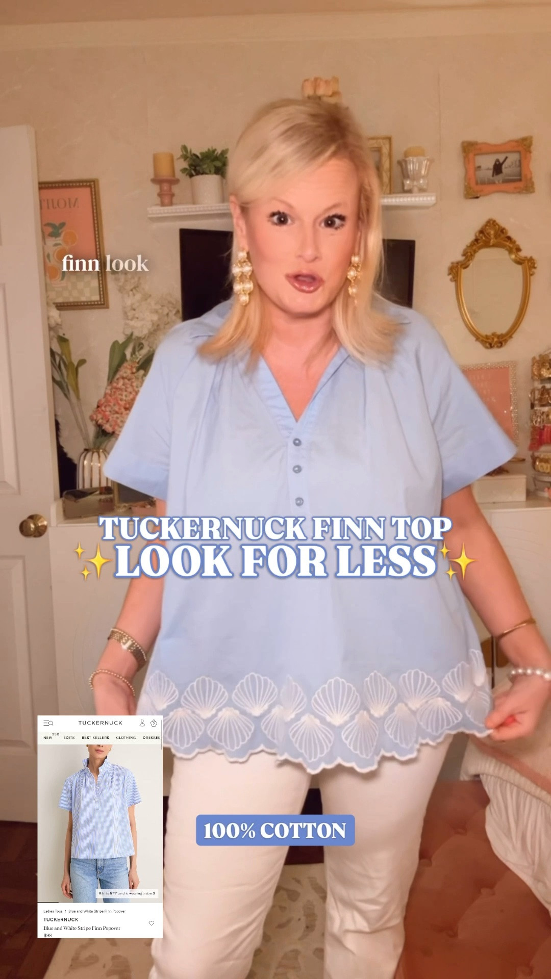 Tuckernuck Finn top look for less | blue embroidered top | cotton popover top | seashell top | preppy summer outfit

This blue embroidered cotton top is giving the Tuckernuck Finn popover look for less, and the seashell hem is what makes it feel so unique and perfect for summer.

The soft blue color, relaxed popover neckline, button-front detail, short sleeves, easy fit, and white seashell embroidery give it that polished coastal summer look that makes simple outfits feel instantly more styled. It is 100% cotton, lightweight, breathable, machine washable, and easy for warm weather.

I’m in a medium. It runs relaxed and generous, so if you are between sizes, I would go down. There is also a strawberry option if you want the same shape with a more playful summer print.

This is such a strong top for white jeans outfits, cropped pants, denim, tailored shorts, simple skirts, work outfits, teacher outfits, casual office outfits, brunch, church, lunch dates, school pickup, vacation outfits, beach trips, coastal shopping days, and everyday preppy summer style.

If you love Tuckernuck tops, embroidered cotton tops, blue popover tops, seashell details, coastal style, preppy summer outfits, teacher outfits, work outfits, white denim outfits, and designer looks for less, this is one of those pieces that makes the whole outfit feel more expensive.

Tuckernuck Finn top look for less, Tuckernuck inspired top, Tuckernuck look for less, blue embroidered top, embroidered cotton top, cotton popover top, blue popover top, seashell top, seashell embroidered top, cotton blouse women, 100 cotton top, preppy top women, coastal style, white jeans outfit, teacher outfit, work outfit, casual office outfit, beach vacation outfit, preppy summer outfit, designer look for less

#LTKFindsUnder50 #PreppyStyle #WorkOutfit #LookForLess #TeacherOutfit #SummerOutfits #Tuckernuck

#LTKSaleAlert #LTKPetite #LTKWorkwear