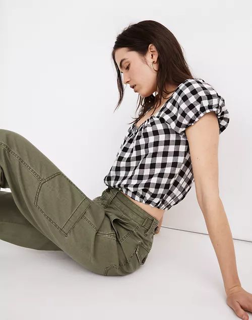 Linen-Blend Puff-Sleeve Button-Front Crop Top in Gingham Check | Madewell