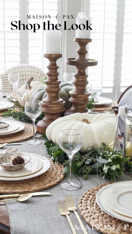 If you need some inspiration to pull off a  gorgeous Thanksgiving tablescape for you and your guests look no further! Beautiful white pumpkins, lush greenery, candlestick pillars, and neutral table 

#LTKhome #LTKHoliday #LTKSeasonal