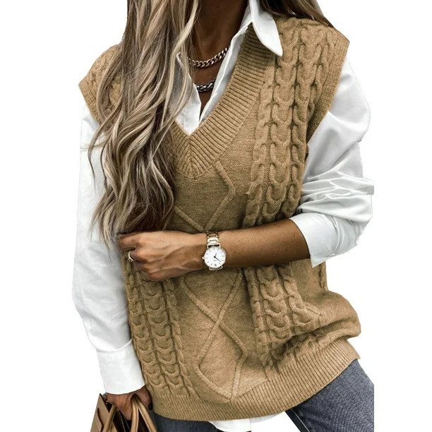 Chase Secret Women Sweater Vest Cable Knitted V Neck Sleeveless Oversized Sweaters Petite - Walma... | Walmart (US)