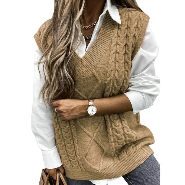 Dokotoo Womens Khaki Sleeveless Knitted Sweater Vest Cable Knit Pullover Tops, US 12-14(L) - Walm... | Walmart (US)