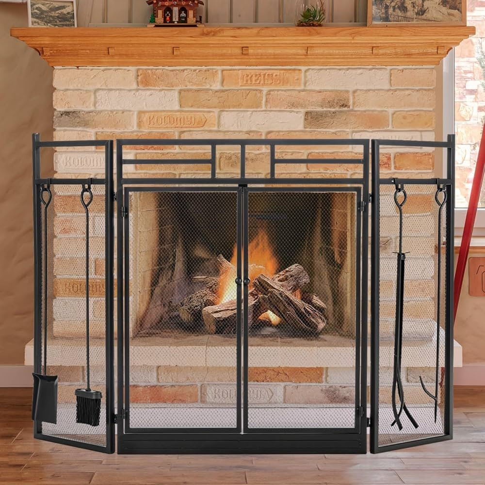 IRONMAX Fireplace Screen with Doors, 3-Panel Foldable Fire Screens with 4 Fireplace Tools, Morder... | Amazon (US)