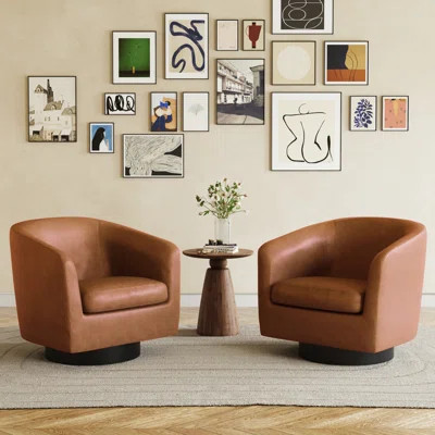 Applewold Upholstered Faux Leather Swivel Barrel Chair with Solid Wood Base | Wayfair North America