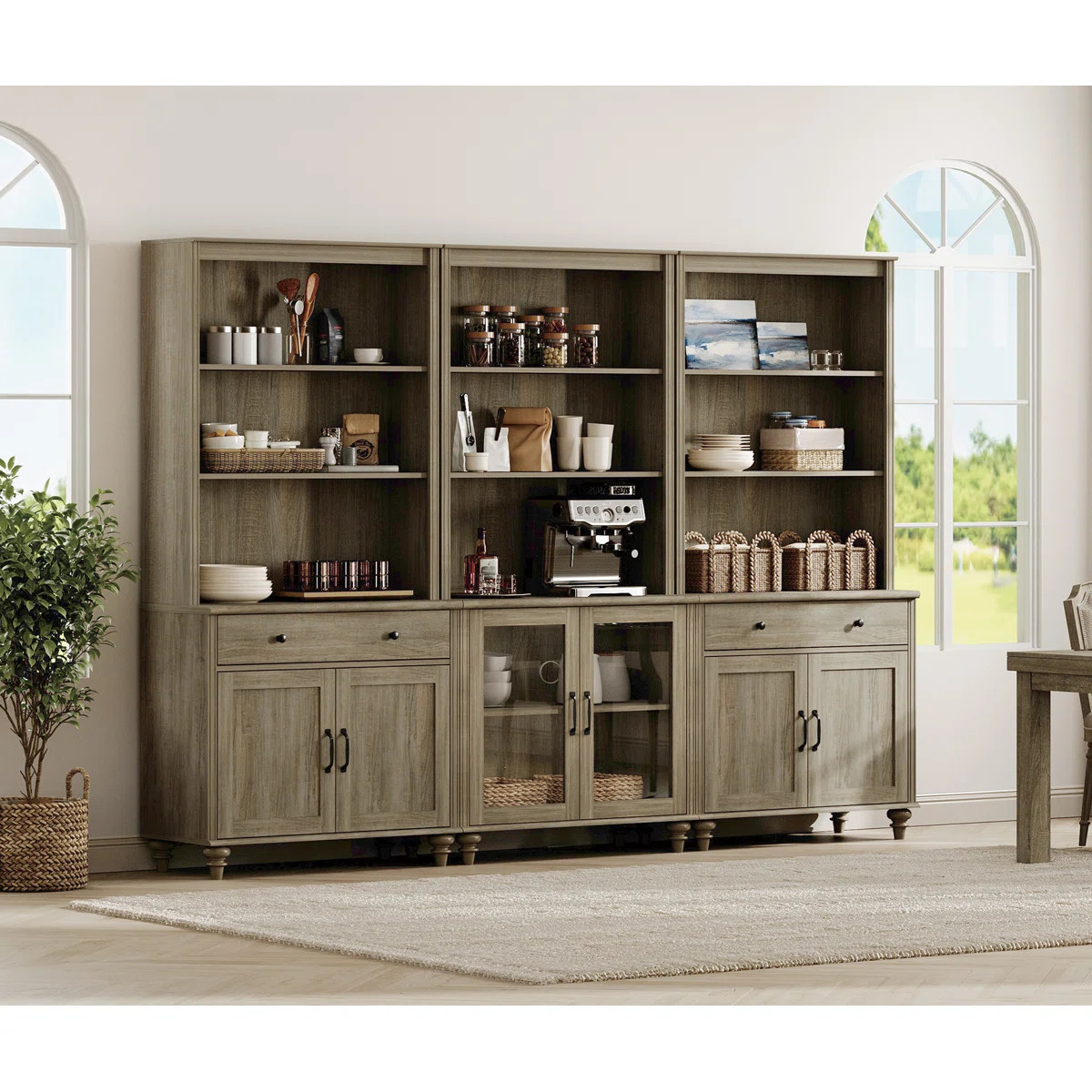 Sideboard Cabinet With Bar Hutch, Buffet Cabinet With Glass Doors, 3 Tier Shelves And Wood Storag... | Wayfair North America