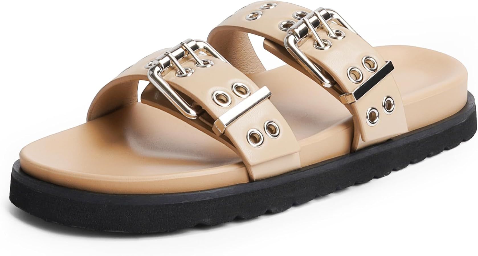 Modatope Womens Flat Sandals for Women Double Buckle Adjustable Slide Sandals Slip On Open Toe Pl... | Amazon (US)