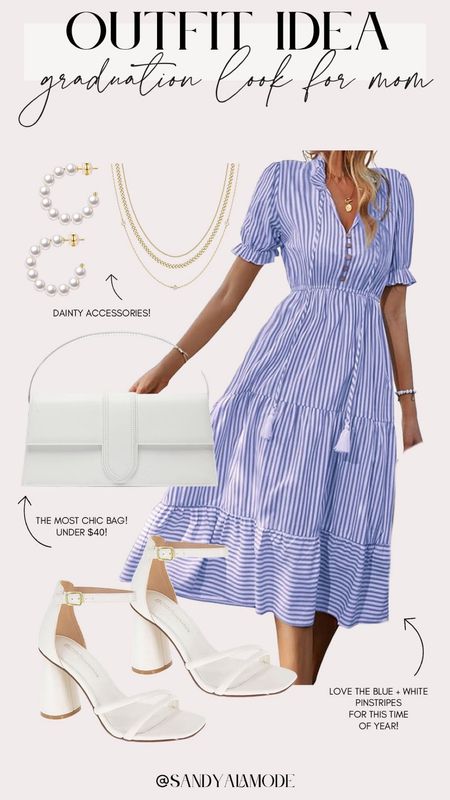 Graduation outfit idea for moms | spring style | graduation party outfit | what to wear to graduation ceremony | Amazon style | blue pinstripe dress | classy white accessories | designer inspired white shoulder handbag | pearl hoop earrings | classic white heels 

#LTKstyletip #LTKfindsunder100 #LTKSeasonal