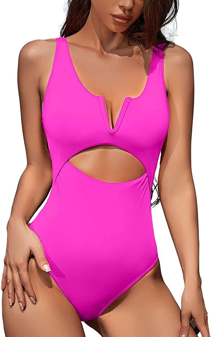 Meyeeka Womens One Piece Swimsuits Tummy Control Bathing Suit for Women Push Up Swimwear V Neck High | Amazon (US)