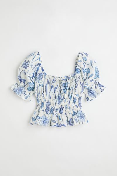 Blouse in a cotton weave. Square neckline with covered elastication and a keyhole detail with nar... | H&M (US + CA)