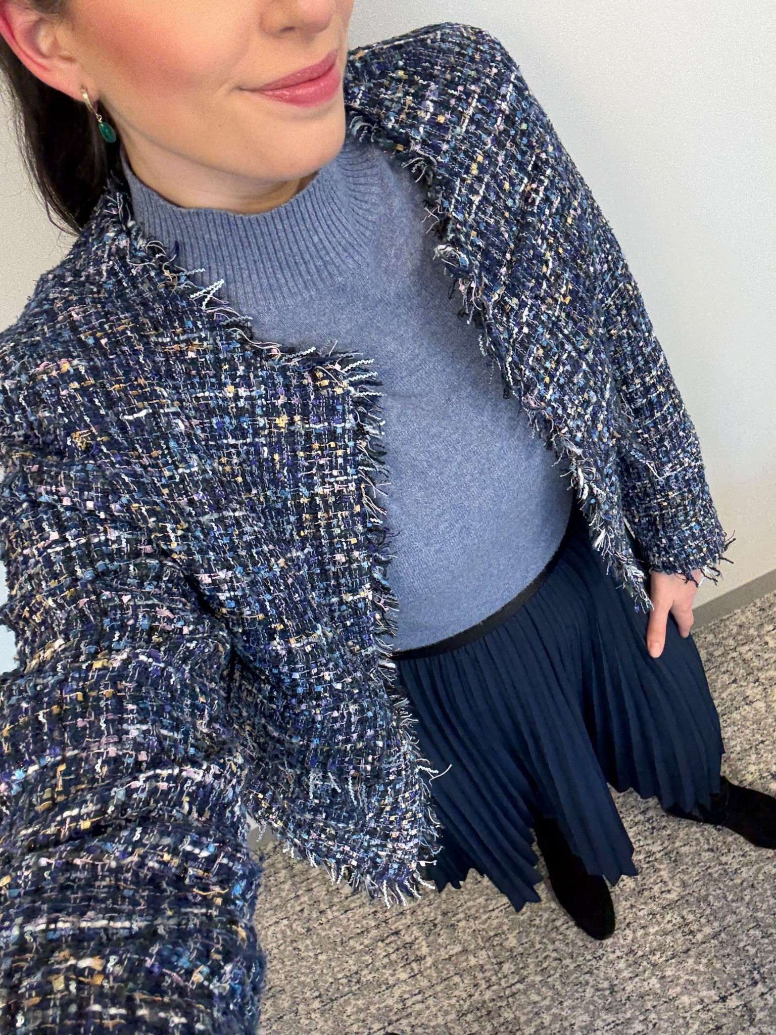 Office style, office outfit, business casual, workwear, winter workwear, winter office style, corporate style, corporate fashion, lawyer, attorney, law firm style, tweed blazer, tweed jacket, turtleneck, cashmere sweater, cashmere turtleneck, pleated skirt, pleated midi skirt, tall black suede boots

#LTKTall #LTKootd #LTKWorkwear