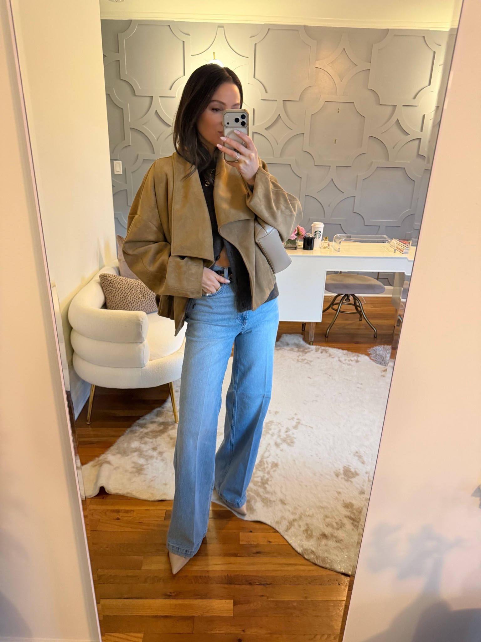 Transitional weather outfit!
Jacket: true to size and runs oversized so you can size down
Jeans: I sized down one
Sweater: true to size 

#LTKOver40 #LTKootd #LTKSeasonal