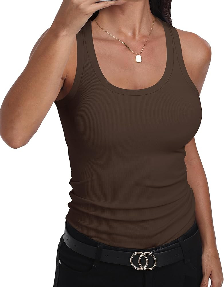 GEMBERA Womens Scoop Neck Sleeveless Racerback Ribbed Knit Slim Fitted Basic Tank Top Shirt | Amazon (US)