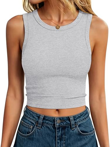 ANRABESS Womens Crop Tank Tops High Neck Sleeveless Ribbed Knit Slim Fit Shirts 2026 Summer Casual Basic Workout Clothes Light Gray XX-Large | Amazon (US)