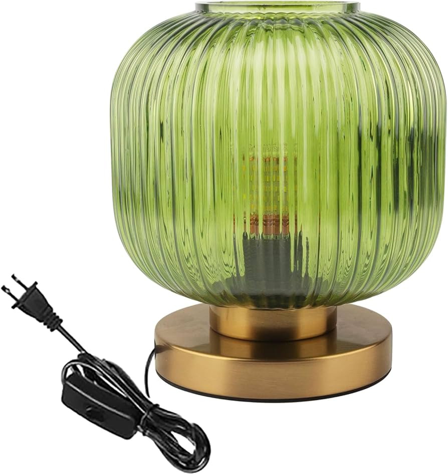 Green Glass Table Lamp - Mid Century Modern with Ribbed Glass Shade, Gold Finish - Desk & Nightst... | Amazon (US)