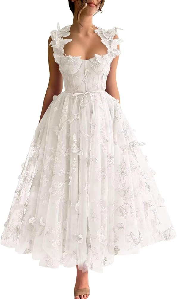 3D Butterfly Tulle Prom Dresses Tea Length Lace Appliques Embroidery A Line Formal Evening Party Gowns with Pockets | Amazon (US)