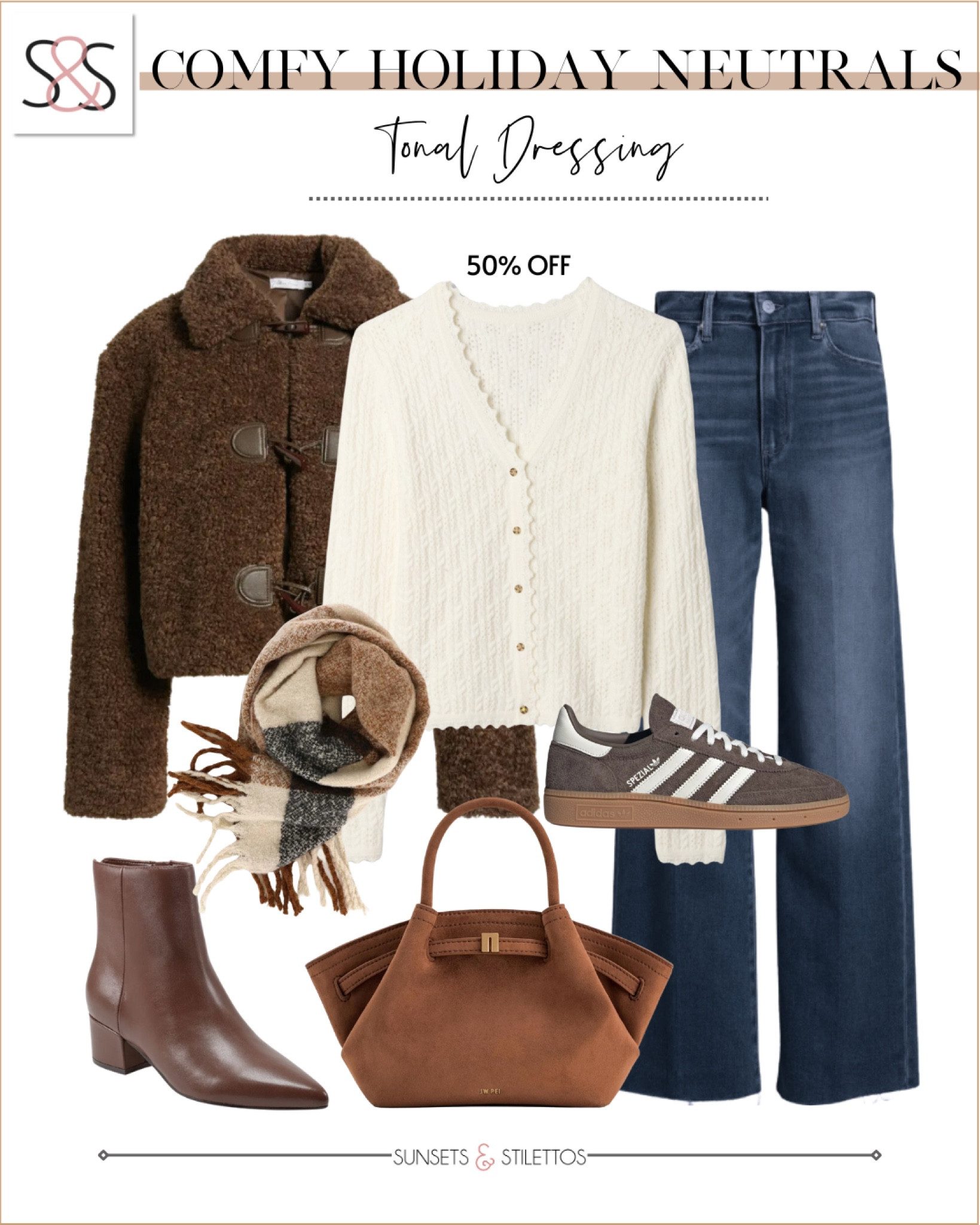 Absolutely loving the details on this neutral  cardigan! So easy to layer with a brown jacket and pair with wide leg jeans! This is a great example of when sneakers or booties work with a winter holiday work outfit!

Sunsets and Stilettos, workwear, adidas sneakers

#LTKOver40 #LTKWorkwear #LTKHoliday