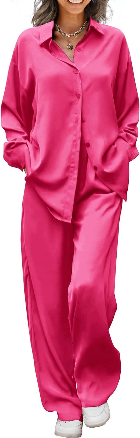 Ekouaer Womens 2 Piece Silk Satin Pajama Set Long Sleeve Lounge Sets Button Down Shirts and Pants... | Amazon (US)