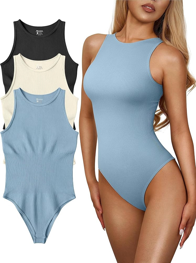 OQQ Women's 3 Piece Bodysuits Sexy Ribbed One Piece Sleeveless Halter Neck Bodysuits | Amazon (US)