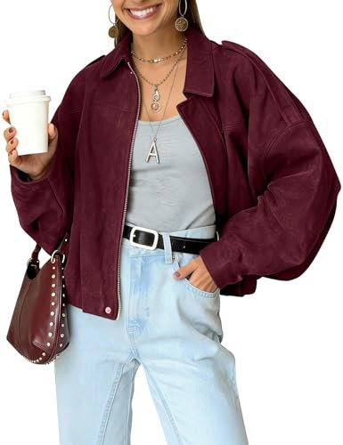 Kissonic Womens Faux Suede Bomber Jacket Oversized Long Sleeve Cropped Coat | Amazon (US)