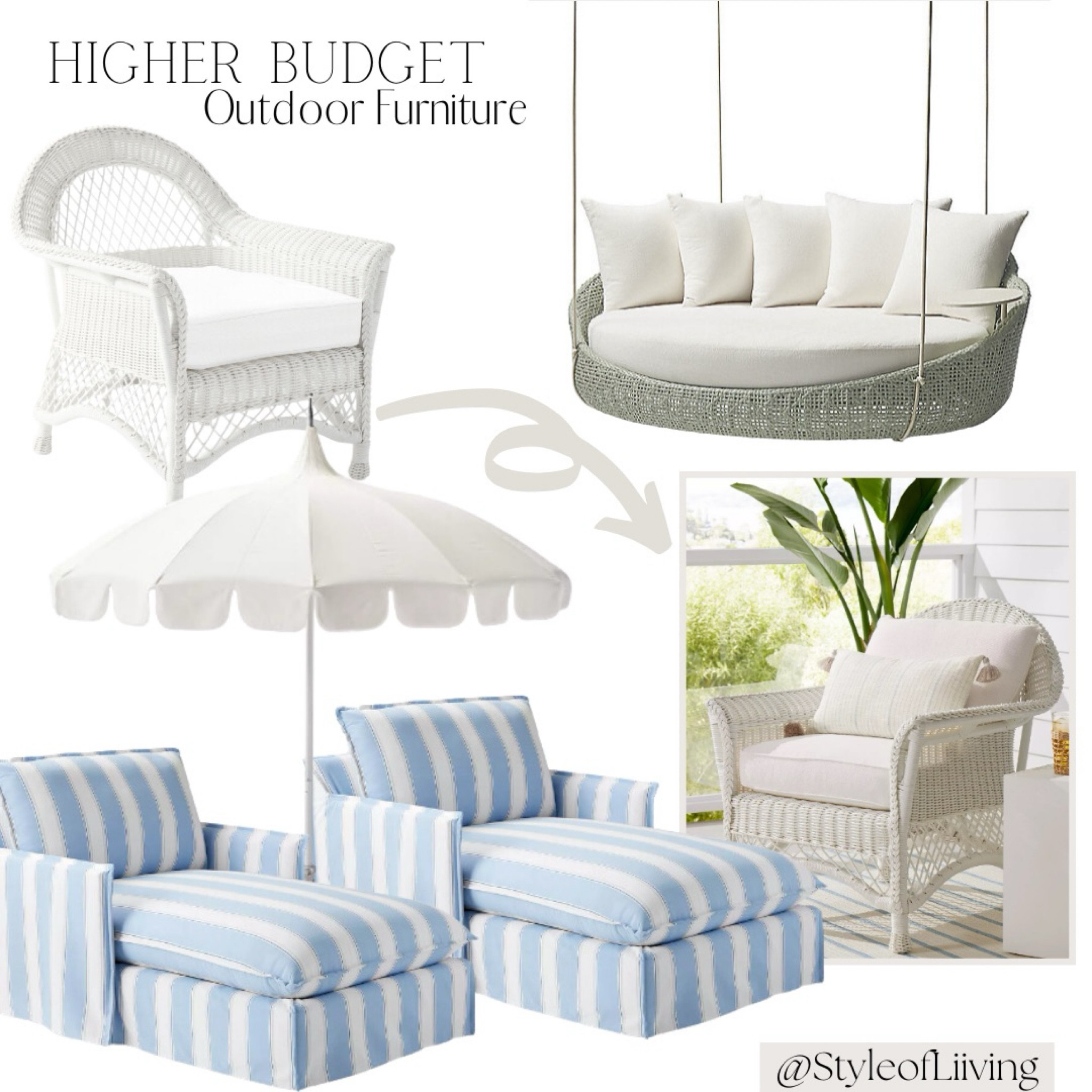 Higher budget more expensive outdoor furniture finds from Serena and Lily and Frontgate! Gorgeous outdoor lounge chairs, daybed swings, umbrellas, wicker chairs. Southern coastal style! #outdoor #patio 

#LTKHome #LTKStyleTip #LTKSeasonal