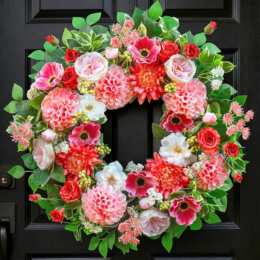Spring Wreaths for Front Door Outside– 24 Inch Spring Door Wreath with Artificial Dahlia,Chrysa... | Amazon (US)