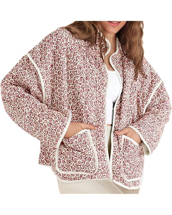 Tankaneo Womens Quilted Lightweight Jackets Floral Print Winter Coats Open Front Cardigan with Po... | Amazon (US)