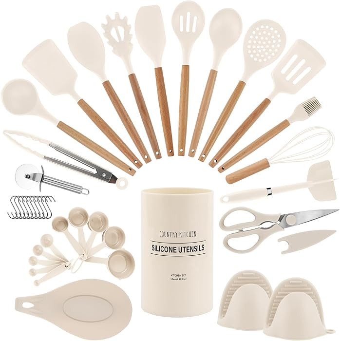 Country Kitchen Non Stick Silicone Utensil Set with Rounded Wood Handles for Cooking and Baking, ... | Amazon (US)