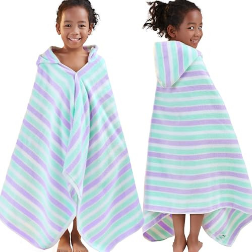 VOOVA & MOVAS Kids Hooded Bath Towels(3-10Years),Absorbent Quick Dry Lightweight Hooded Cotton Towel for Pool | Swim | Beach | Bath, Boys Wrap Towel with Hood, Aqua Purple Stripe | Amazon (US)