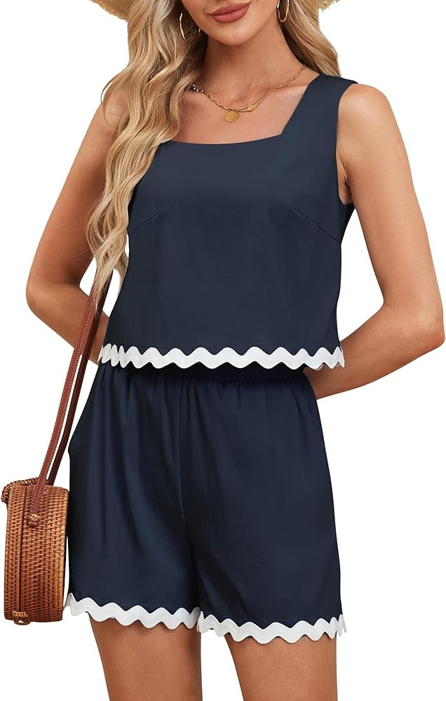 socialkiwi Women's 2 Piece Vacation Beach Outfits Cute Casual Cropped Tank Top Shorts Set Summer | Amazon (US)