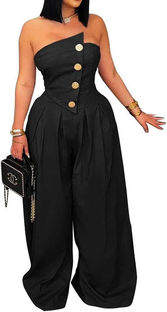 Womens Cargo Jumpsuit Sexy Strapless One Piece Outfit Off Shoulder Top Ruched Wide Leg Rompers Ov... | Amazon (US)