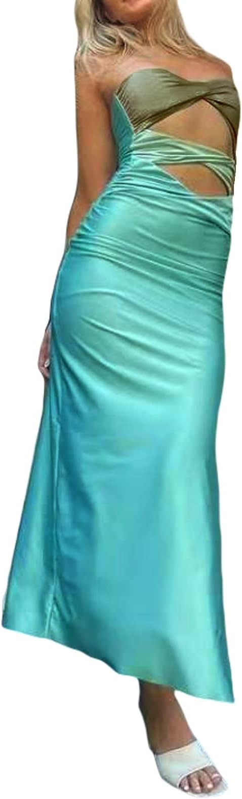 Women Hollow Out Long Dress Bodycon Backless Maxi Dress V Neck Spaghetti Strap Cocktail Dress | Amazon (US)