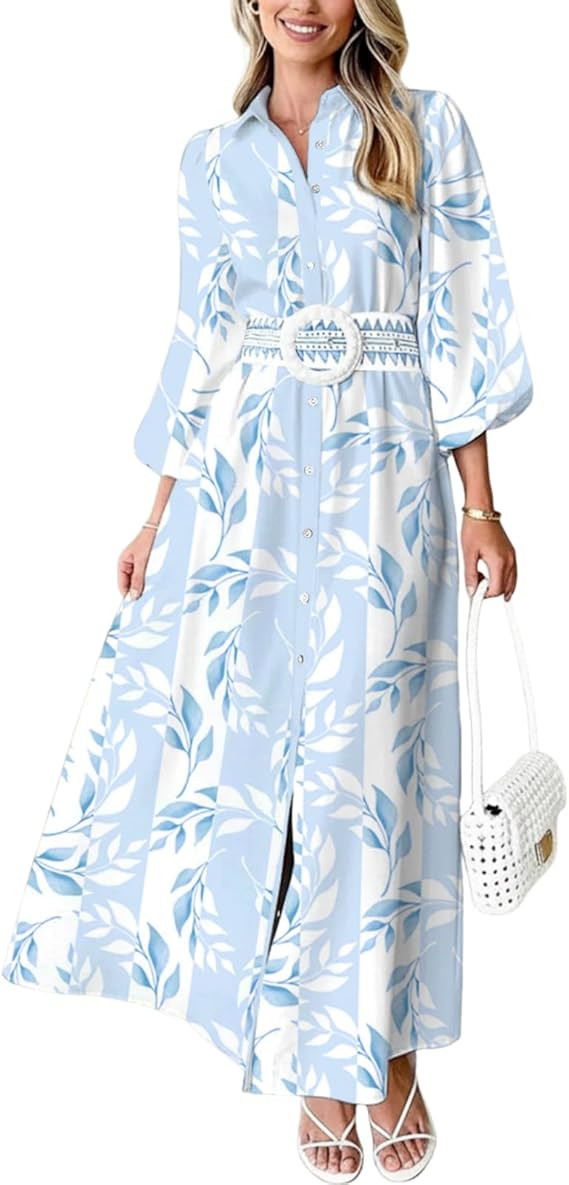 Floral Dress for Women 2026 Summer Boho Maxi Dresses Casual Long Sleeve Button Down Tie Waist Shi... | Amazon (US)