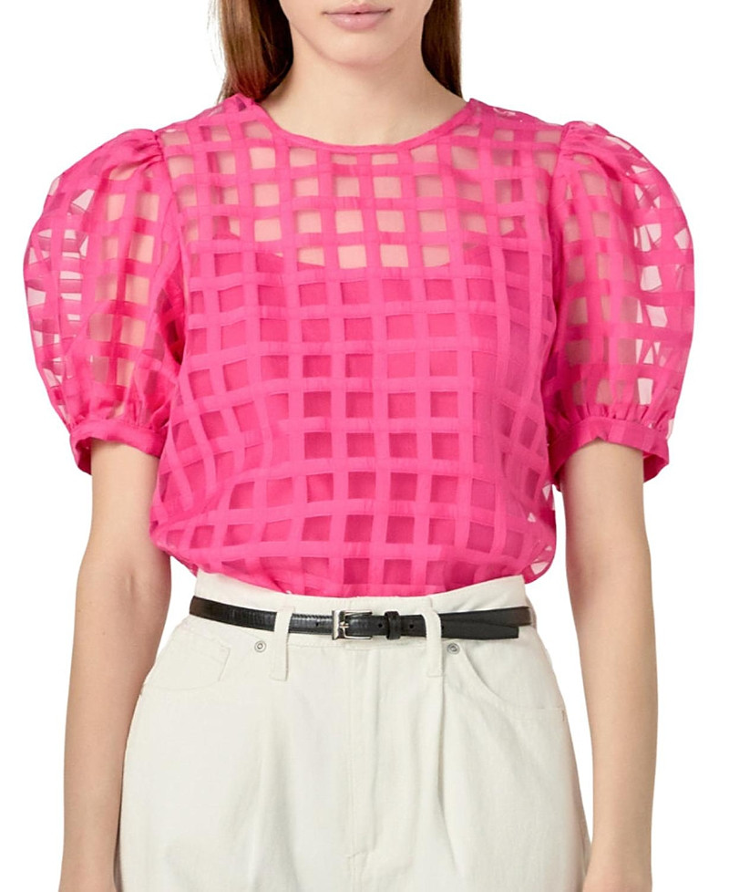English Factory Women's Plaid Sheer Puff Sleeve Top | Bloomingdale's (US)