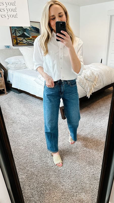 The perfect classic white button up paired with wide leg straight jeans form Old Navy! 

Top: TTS 

Jeans: Size down one size 

Shoes: these are old but I’ll link similar ones 

#LTKFind #LTKunder100 #LTKstyletip
