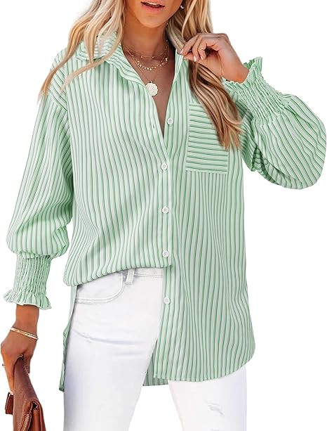 Womens Oversized Button Down Shirts Striped Smocked Cuff Long Sleeve Fall Blouses with Pocket Cas... | Amazon (US)