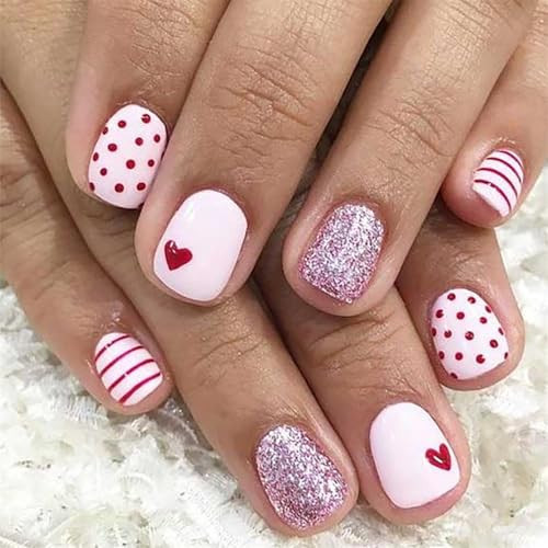 Valentines Pink Glitter Press on Nails Short Square Polka Dot Stripe Design Acrylic Fake Nails Cute Heart Full Cover Stick on Nails for Women Manicure Valentines Nail Decorations 24Pcs | Amazon (US)