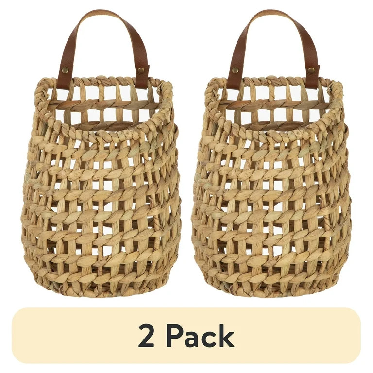 (2 pack) Better Homes & Gardens Water Hyacinth Hanging Basket with Faux Leather Strap | Walmart (US)