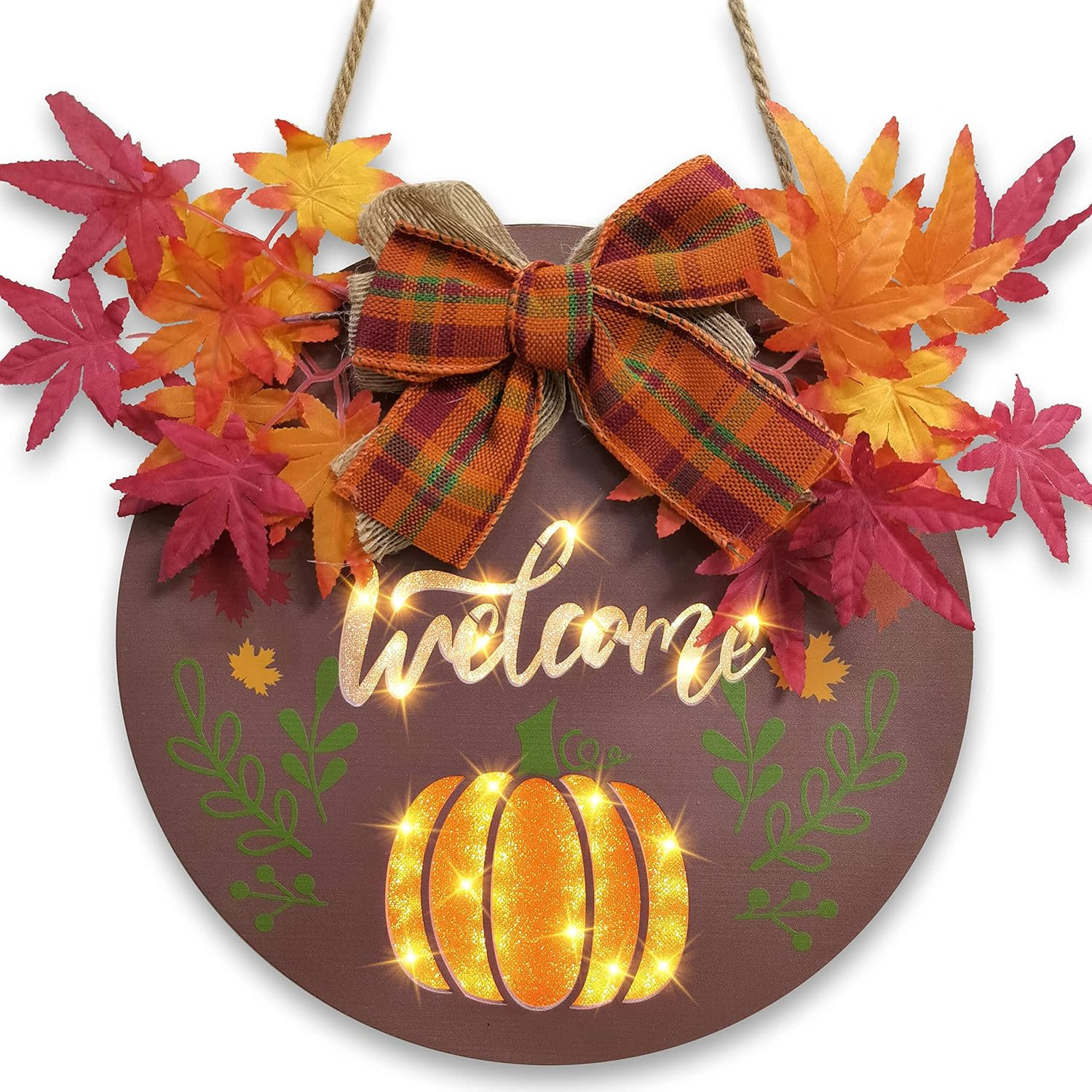 Thanksgiving Fall Wreath Door Decorations - Pumkins Wood Welcome Sign Hanger with Timer Lights fo... | Amazon (US)