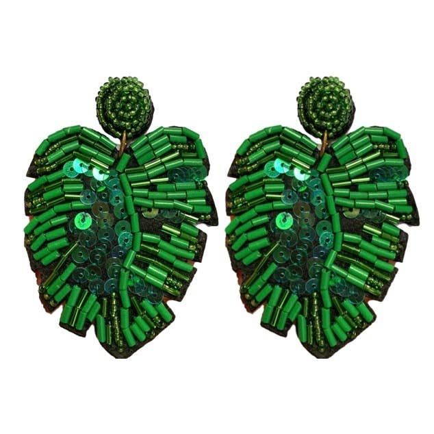 Green Sequin Monstera Palm Earrings | Teggy French
